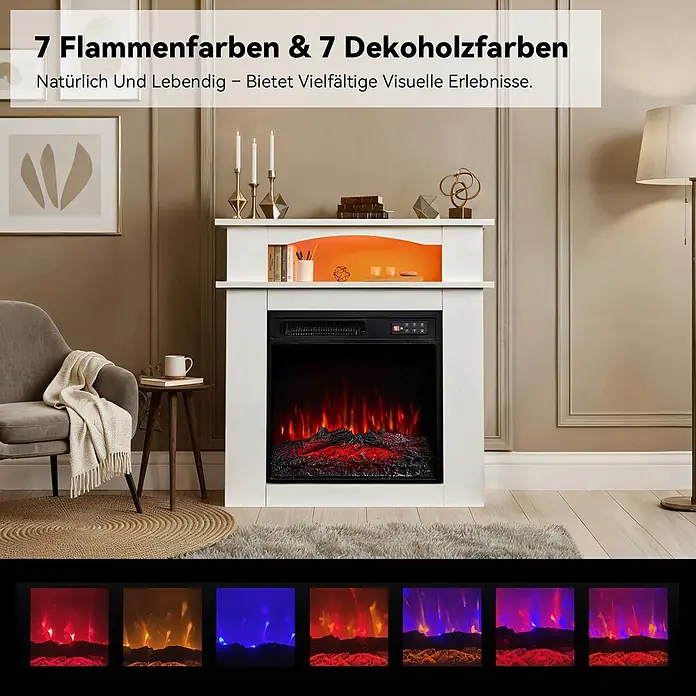 HOMAVO 18'' 900W/1800W Elektrokamin mit Schrank -  - Weißer Elektrokamin im Wohnzimmer, der 7 anpassbare Flammen- und Dekoholzfarben für vielfältige visuelle Erlebnisse hervorhebt.