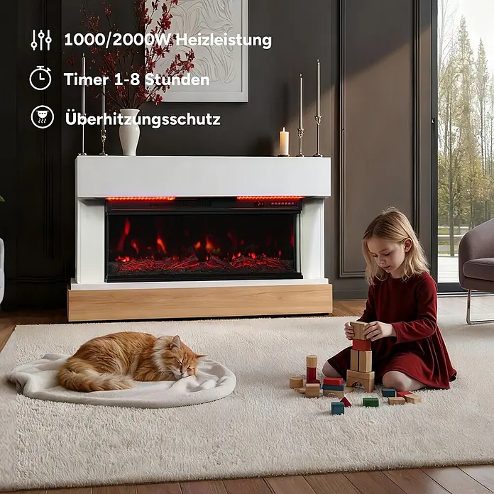 HOMAVO 36'' 1000W/2000W Elektrokamin mit Schrank -  - Ein elektrischer Kamin mit weißem Mantel und Holzsockel, der realistische Flammen zeigt, in einem gemütlichen Wohnzimmer mit spielendem Kind und schlafender Katze.