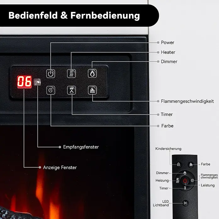 HOMAVO 18'' 900W/1800W Elektrokamin mit Schrank -  - Bedienfeld mit rotem Display und Tasten für Leistung, Heizung, Dimmer, Flammengeschwindigkeit, Timer, Farbe. Schwarze Fernbedienung mit Funktionstasten.