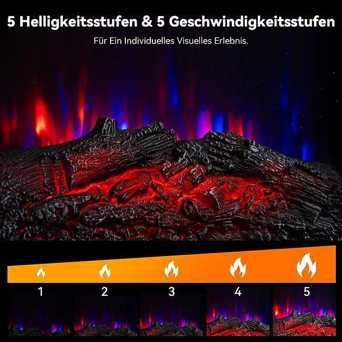 HOMAVO 18'' 900W/1800W Elektrokamin mit Schrank -  - Elektrische Kaminholzscheite mit glühenden Kohlen und farbigen Flammen, zeigt 5 einstellbare Helligkeits- und Geschwindigkeitsstufen.