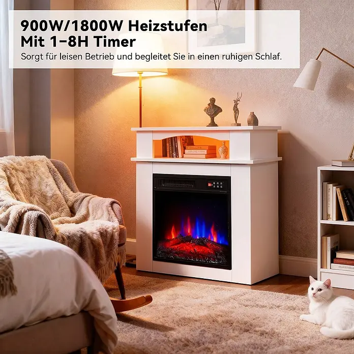 HOMAVO 18'' 900W/1800W Elektrokamin mit Schrank -  - Weißer Elektrokamin mit bunten Flammen, spendet Wärme und Ambiente im gemütlichen Raum. Bietet 900W/1800W Heizleistung & Timer.