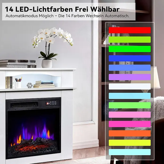 HOMAVO 18'' 900W/1800W Elektrokamin mit Schrank -  - Weißer Elektrokamin mit künstlichem Feuer und Regalbeleuchtung, zeigt 14 wählbare LED-Farben für Ambiente.