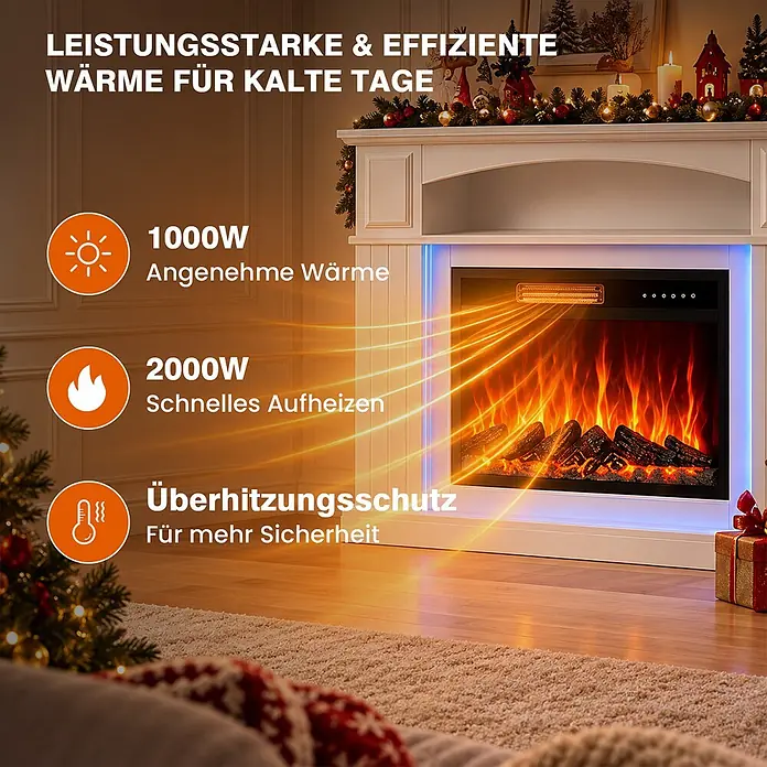 HOMAVO 23'' 1000W/2000W Elektrokamin mit LED Lichtband 12 Farben -  - Weißer Elektrokamin wärmt ein gemütliches Zimmer, hebt 1000W/2000W Heizstufen und Überhitzungsschutz hervor.