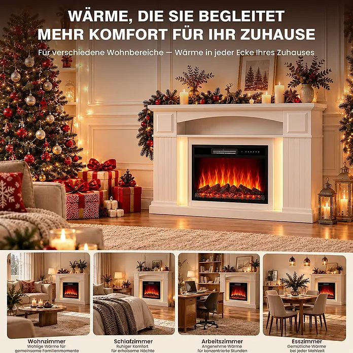 HOMAVO 23'' 1000W/2000W Elektrokamin mit LED Lichtband 12 Farben -  - Weißer Elektrokamin, der Wärme und Komfort in verschiedenen Wohnbereichen bietet, mit realistischen Flammen.