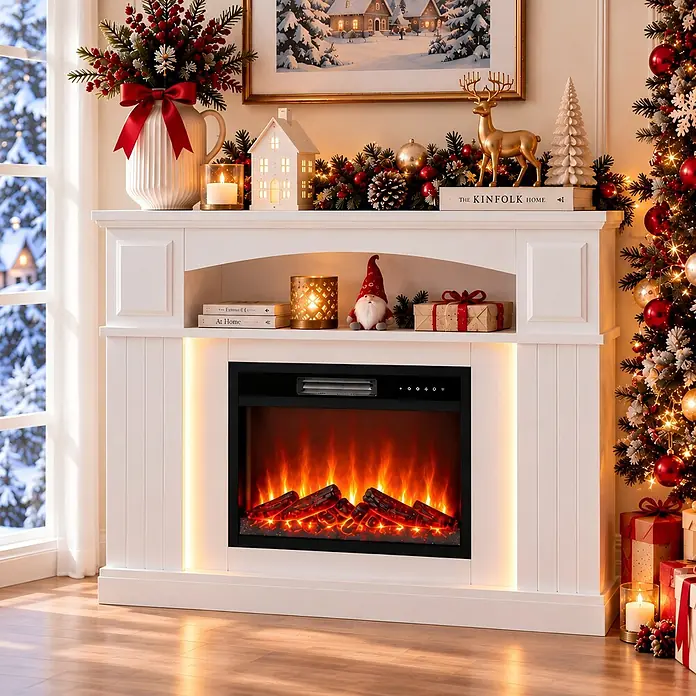 HOMAVO 23'' 1000W/2000W Elektrokamin mit LED Lichtband 12 Farben -  - Weißer Elektrokamin-Mantel mit leuchtendem Flammen-Einsatz, umgeben von festlichen Weihnachtsdekorationen in einem gemütlichen Raum.