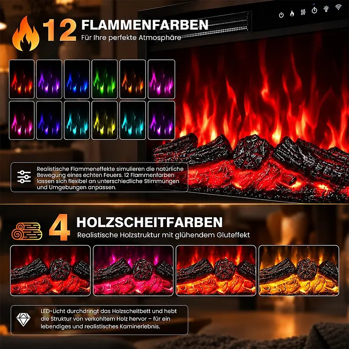 HOMAVO 23'' 1000W/2000W Elektrokamin mit LED Lichtband 12 Farben -  - Elektrischer Kamin mit Anzeige von 12 Flammenfarben und 4 glühenden Holzscheitfarben für realistische Atmosphäre.