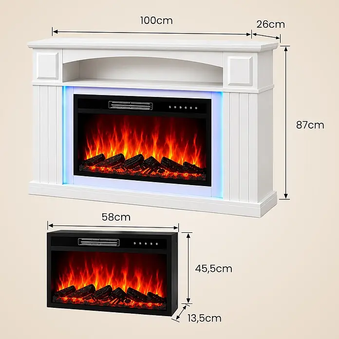 HOMAVO 23'' 1000W/2000W Elektrokamin mit LED Lichtband 12 Farben -  - Weißer Elektrokamin mit schwarzem Einsatz und künstlichen Flammen. Maße für Kamin und Einsatz sind angegeben.