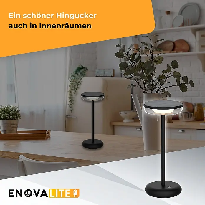ENOVALITE LED Tischleuchte 2 W 2700 K warmweiß schwarz IP44 dimmbar -  - Zwei schwarze, minimalistische Tischleuchten mit klarem Oberteil, eine leuchtend, auf Tischen in einer Küche.
