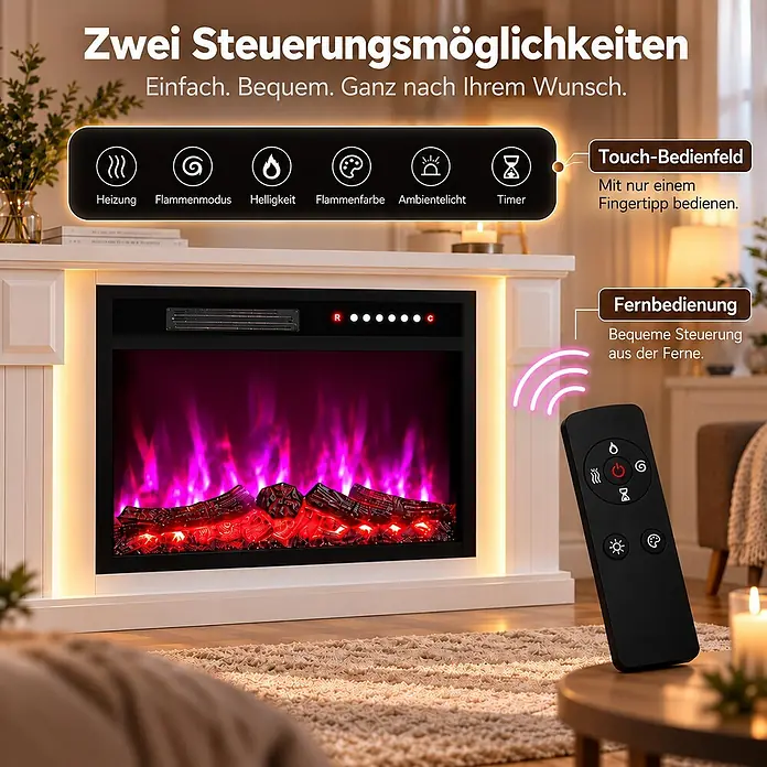 HOMAVO 23'' 1000W/2000W Elektrokamin mit LED Lichtband 12 Farben -  - Elektrischer Kamin mit weißem Kaminsims und leuchtenden purpurroten Flammen, zeigt zwei Steuerungsoptionen: Touch-Panel und Fernbedienung.