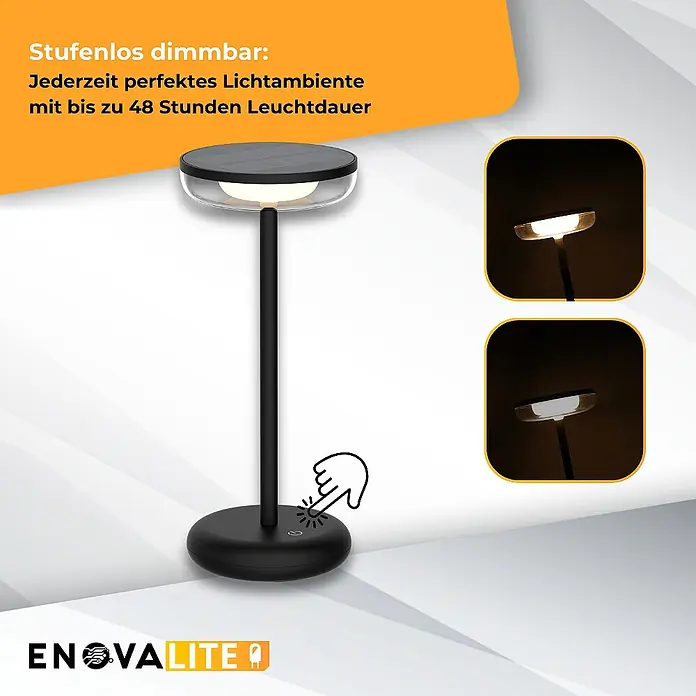ENOVALITE LED Tischleuchte 2 W 2700 K warmweiß schwarz IP44 dimmbar -  - Schwarze dimmbare Tischleuchte mit Touch-Steuerung, in zwei Helligkeiten gezeigt, betont stufenloses Dimmen und bis zu 48 Stunden Akkulaufzeit.