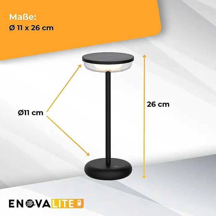 ENOVALITE LED Tischleuchte 2 W 2700 K warmweiß schwarz IP44 dimmbar -  - Schwarze Tischleuchte mit Solarpanel und rundem Sockel, Maße Ø11 x 26 cm.