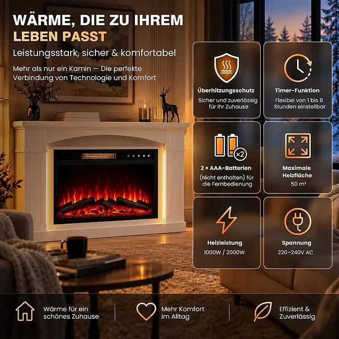 HOMAVO 23'' 1000W/2000W Elektrokamin mit LED Lichtband 12 Farben -  - Weißer Elektrokamin mit realistischem Flammeneffekt, der Wärme und Behaglichkeit ins Wohnzimmer bringt.