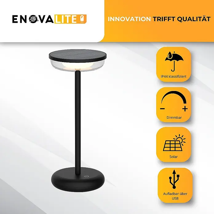 ENOVALITE LED Tischleuchte 2 W 2700 K warmweiß schwarz IP44 dimmbar -  - Elegante schwarze Outdoor-Tischleuchte mit rundem Sockel, schlankem Stiel und dimmbarer Lichtquelle mit Solarpanel. IP44, solar und USB aufladbar.