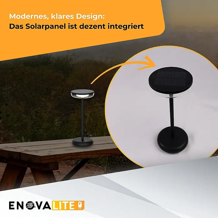 ENOVALITE LED Tischleuchte 2 W 2700 K warmweiß schwarz IP44 dimmbar -  - Schwarze Solartischleuchte mit dezent integriertem Solarpanel auf einem Picknicktisch im Freien.