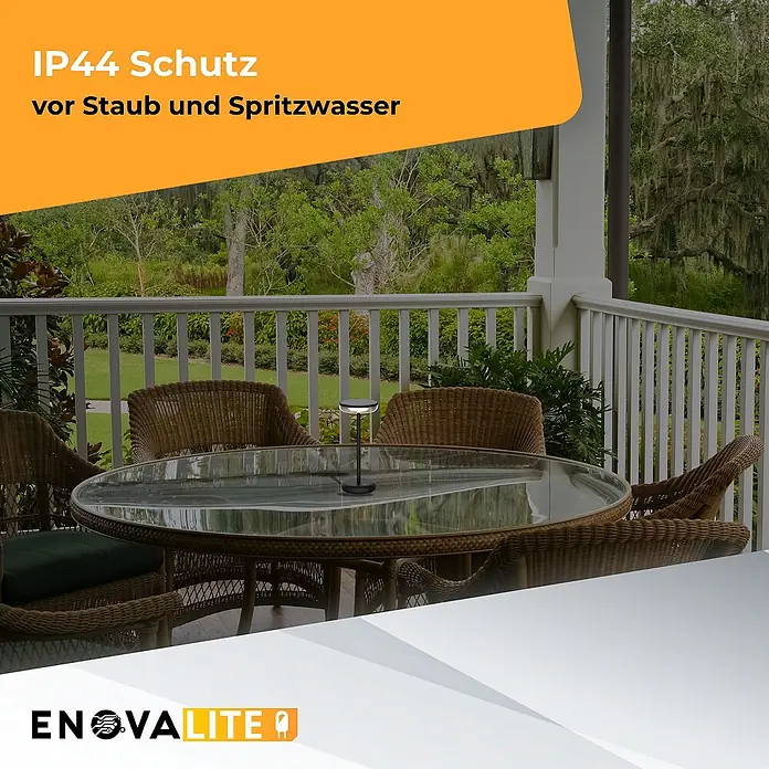 ENOVALITE LED Tischleuchte 2 W 2700 K warmweiß schwarz IP44 dimmbar -  - Schwarze, elegante LED-Tischleuchte mit IP44-Schutz, ideal für den Außeneinsatz auf einem Terrassentisch.