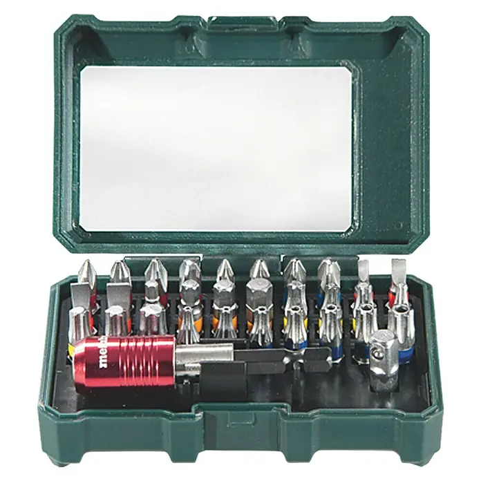 Metabo Promotion Bit-Box SP - 32 -tlg. - Ein grüner Werkzeugkasten mit einer Sammlung von Schraubendreher-Bits und einem Schraubendrehergriff, ideal für verschiedene Reparaturen.
