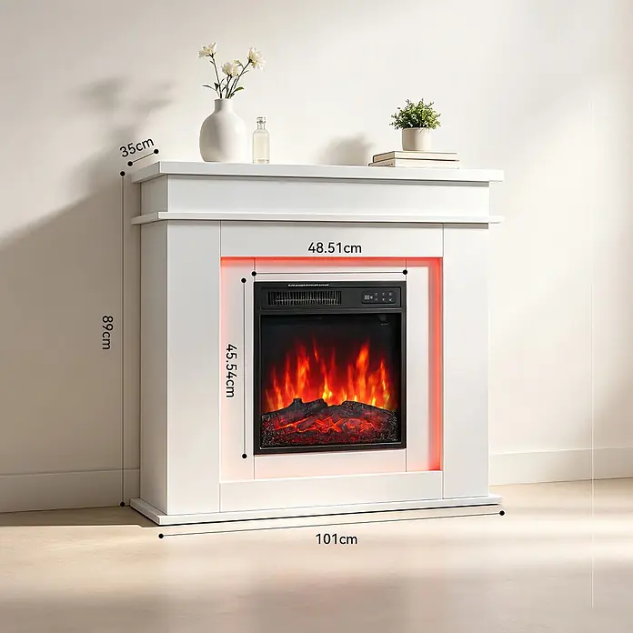 HOMAVO Elektrischer Ambiente-Kamin 900/1800W Heizfunktion Timer -  - Weißer Elektrokamin mit realistischem Kunstflammeneffekt und roter LED-Hintergrundbeleuchtung, Maße angezeigt.