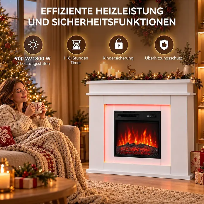 HOMAVO Elektrischer Ambiente-Kamin 900/1800W Heizfunktion Timer -  - Elektrischer Kamin in weißem Mantel, spendet Wärme in gemütlichem Raum. Bietet 900/1800W Heizleistung, 1-8h Timer, Kindersicherung und Überhitzungsschutz.