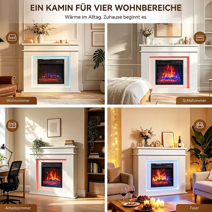 HOMAVO Elektrischer Ambiente-Kamin 900/1800W Heizfunktion Timer -  - Weißer Elektrokamin mit LED-Beleuchtung, in verschiedenen Wohnbereichen gezeigt. Sorgt für Wärme und Ambiente.