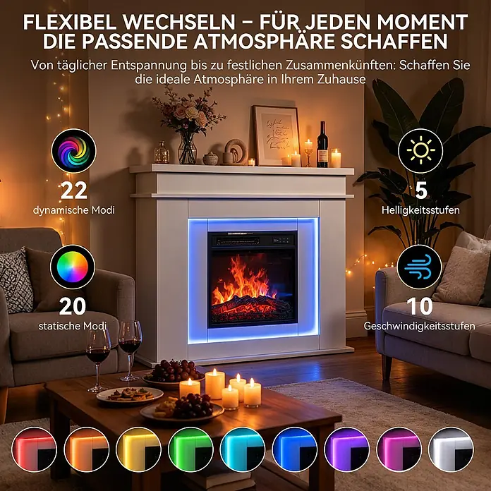 HOMAVO Elektrischer Ambiente-Kamin 900/1800W Heizfunktion Timer -  - Weißer Elektrokamin mit anpassbarer blauer LED-Beleuchtung im gemütlichen Wohnzimmer, bietet vielfältige dynamische und statische Lichtmodi.