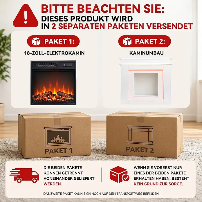 HOMAVO Elektrischer Ambiente-Kamin 900/1800W Heizfunktion Timer -  - Eine elektrische Kaminanlage und ihr weißer Kaminsims werden in zwei separaten Paketen versendet, mit Begleittext zur Lieferung.