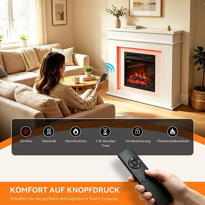HOMAVO Elektrischer Ambiente-Kamin 900/1800W Heizfunktion Timer -  - Weißer Elektrokamin mit realistischer Flammenwirkung in gemütlichem Wohnzimmer, fernbedienbar mit vielfältigen Funktionen.