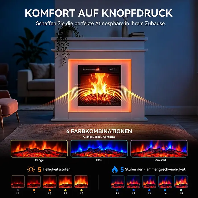 HOMAVO Elektrischer Ambiente-Kamin 900/1800W Heizfunktion Timer -  - Weißer Elektrokamin im Wohnzimmer mit einstellbaren orangefarbenen, blauen und gemischten Flammen, Helligkeit und Geschwindigkeit.