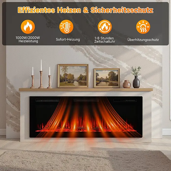 HOMAVO 50'' 1000W/2000W Elektrokamin mit Schrank -  - Elektrischer Kamin mit realistischen Flammen und Strahlungswärme, in eine Wand unter einem Kaminsims integriert.
