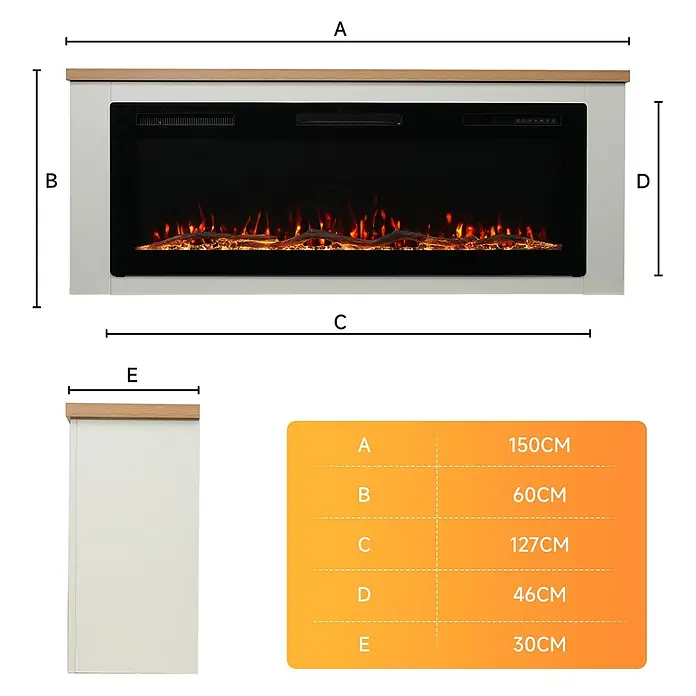 HOMAVO 50'' 1000W/2000W Elektrokamin mit Schrank -  - Weißer Elektrokamin mit Holzplatte und realistischem Flammeneffekt, mit Maßen etikettiert.