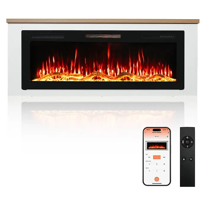HOMAVO 50'' 1000W/2000W Elektrokamin mit Schrank -  - Weißer Elektrokamin mit Holzplatte, realistischen Flammen, Smartphone-App und Fernbedienung.