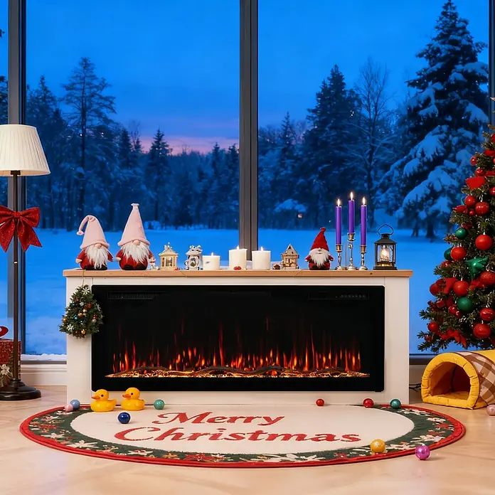 HOMAVO 50'' 1000W/2000W Elektrokamin mit Schrank -  - Weißer Elektrokamin mit Holzplatte, simulierten Flammen, umgeben von Weihnachtsdeko und Teppich in winterlicher Umgebung.