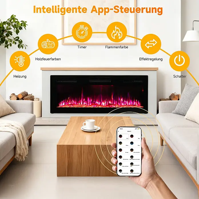 HOMAVO 50'' 1000W/2000W Elektrokamin mit Schrank -  - Elektrischer Kamin in einem Wohnzimmer, gesteuert über eine Smartphone-App mit Optionen für Heizung, Flammenfarben, Timer und Effekte.