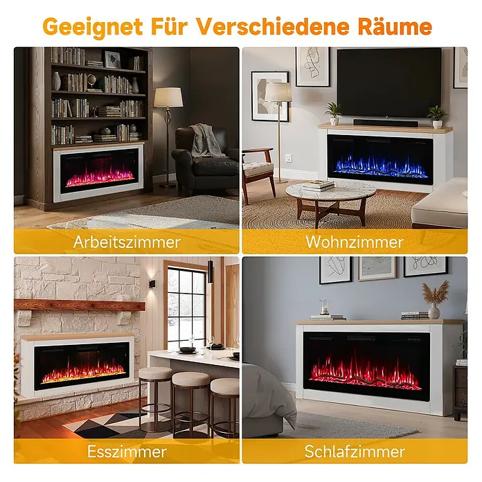 HOMAVO 50'' 1000W/2000W Elektrokamin mit Schrank -  - Vielseitiger Elektrokamin mit weißem und Holz-Kaminmantel, zeigt bunte Flammen in verschiedenen Räumen.