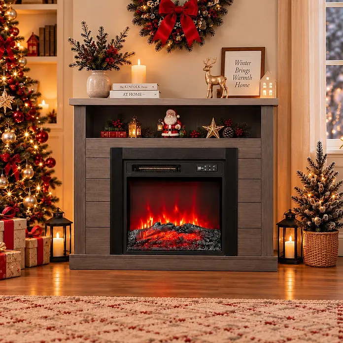 HOMAVO 18 Zoll Grauer Elektrokamin mit Kaminschrank 900W/1800W -  - Ein grauer Elektrokamin mit Holzoptik und schwarzem Feuerraum, festlich mit Weihnachtsdekorationen in einem gemütlichen Wohnzimmer geschmückt.