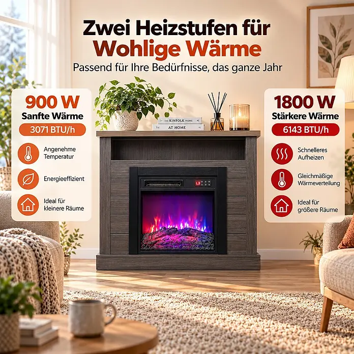 HOMAVO 18 Zoll Grauer Elektrokamin mit Kaminschrank 900W/1800W -  - Elektrischer Kamin in dunkler Holzoptik mit Sims, im Wohnzimmer gezeigt, hebt zwei Heizstufen für verschiedene Raumgrößen hervor.