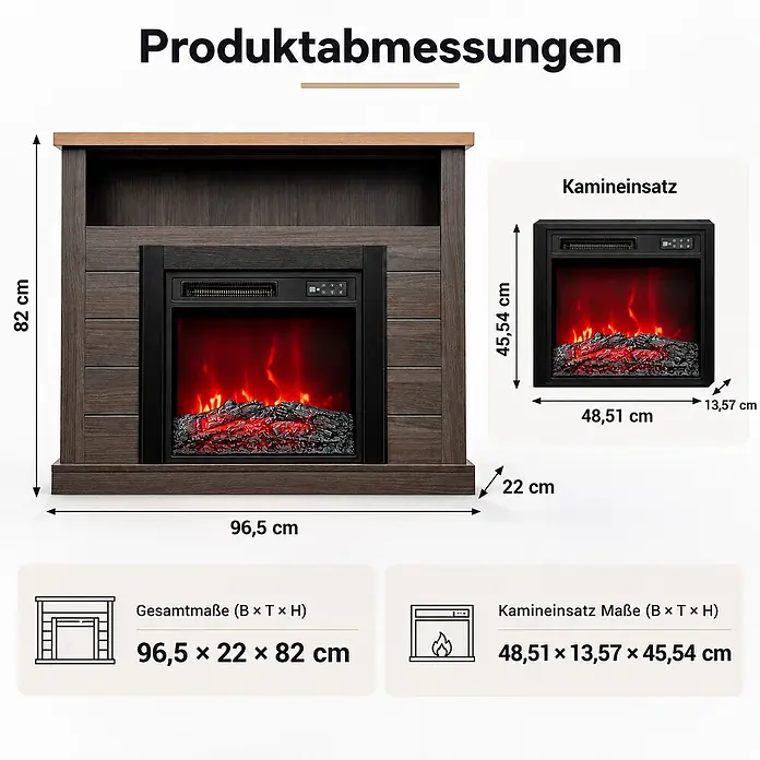 HOMAVO 18 Zoll Grauer Elektrokamin mit Kaminschrank 900W/1800W -  - Elektrischer Kamin mit dunkler Holzoptik-Umrandung und heller Platte, zeigt detaillierte Gesamt- und Einsatzmaße.