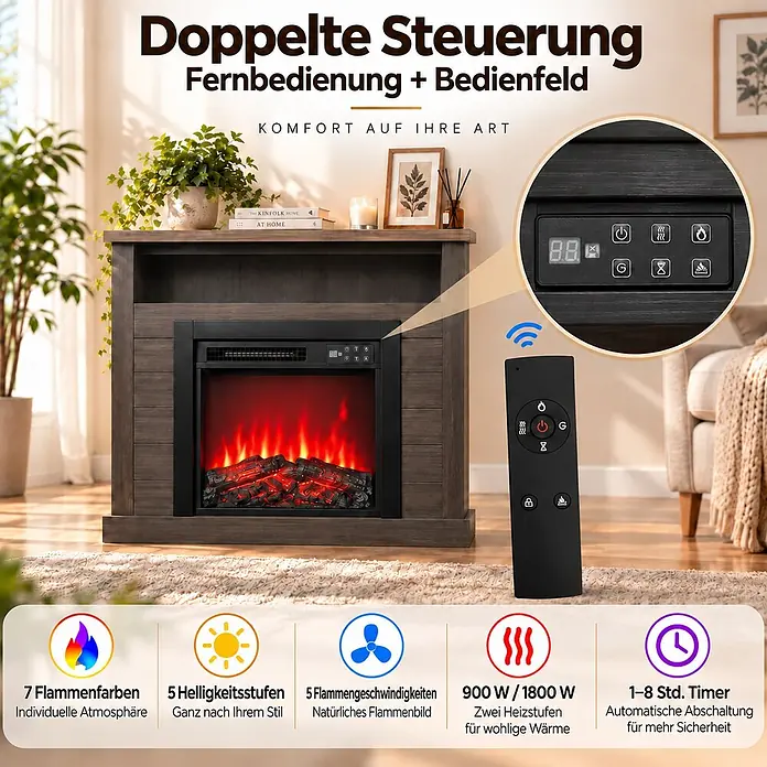 HOMAVO 18 Zoll Grauer Elektrokamin mit Kaminschrank 900W/1800W -  - Ein dunkelbrauner Elektrokamin mit schwarzem Feuerraum und leuchtenden Flammen wird in einem gemütlichen Wohnzimmer gezeigt, mit Fernbedienung und Bedienfeld.