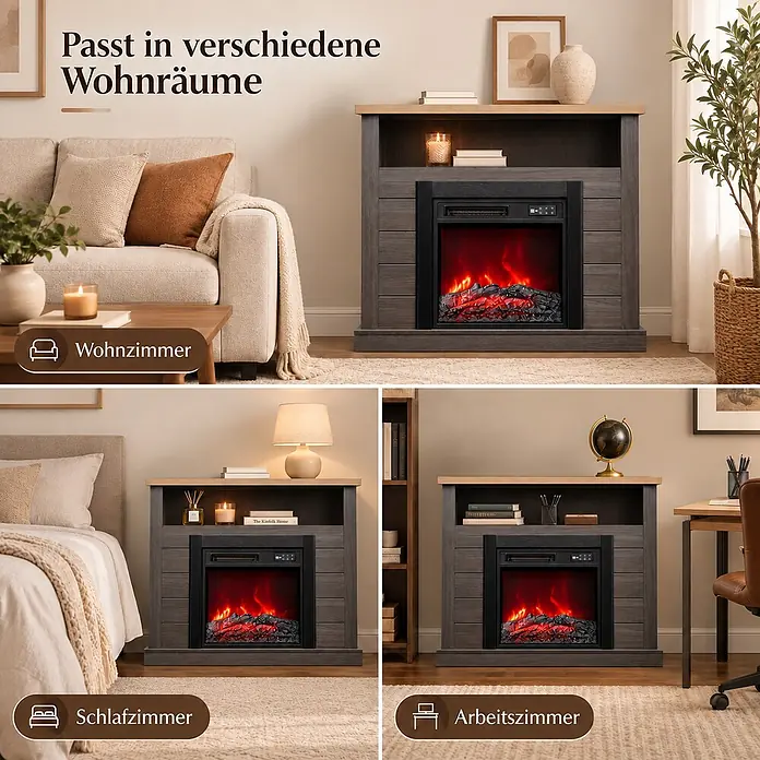 HOMAVO 18 Zoll Grauer Elektrokamin mit Kaminschrank 900W/1800W -  - Grauer Holz-Elektrokamin-TV-Ständer mit heller Holzplatte, passt nahtlos in Wohnzimmer, Schlafzimmer und Arbeitszimmer.