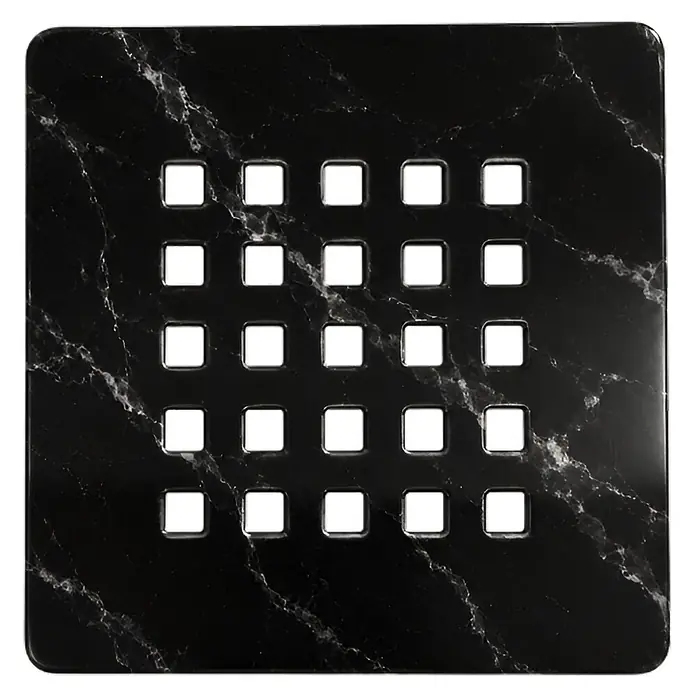 Rejilla de desagüe Nova - Acero inoxidable, Negro y blanco - Rejilla de desagüe cuadrada de mármol negro con una cuadrícula de 5x5 orificios cuadrados.