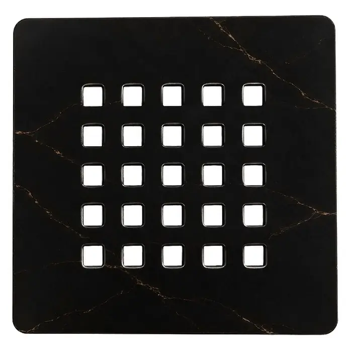 Rejilla de desagüe Nova - Acero inoxidable, Negro y oro - Rejilla cuadrada negra efecto mármol con vetas doradas y 25 aberturas cuadradas.