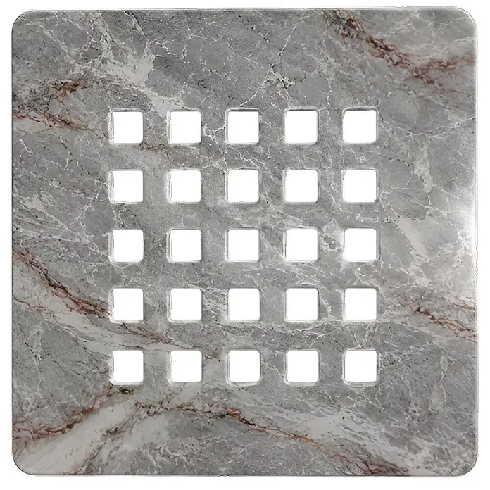 Rejilla de desagüe Nova - Acero inoxidable, Gris - Panel cuadrado gris efecto mármol con una cuadrícula de 25 perforaciones cuadradas redondeadas.