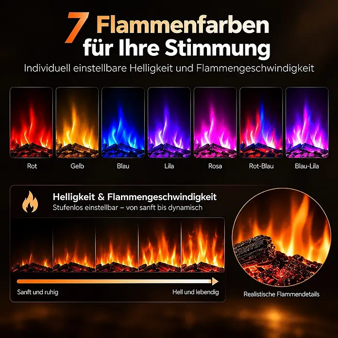 HOMAVO 18 Zoll Grauer Elektrokamin mit Kaminschrank 900W/1800W -  - Elektrischer Kamin zeigt 7 Flammenfarben (Rot, Gelb, Blau, Lila, Rosa, zweifarbig) und einstellbare Helligkeit/Geschw. mit realistischen Holzscheiten.