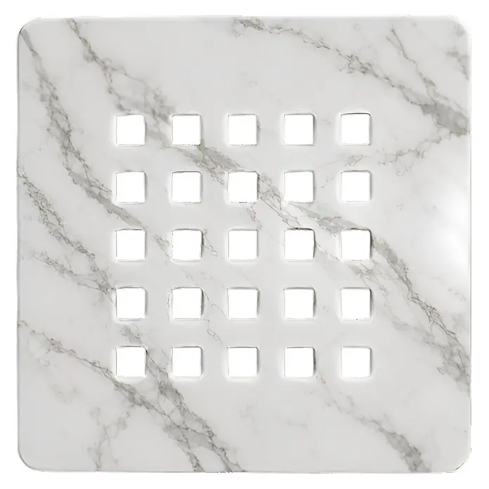 Rejilla de desagüe Nova - Acero inoxidable, Blanco - Panel de mármol blanco con 20 recortes cuadrados redondeados.
