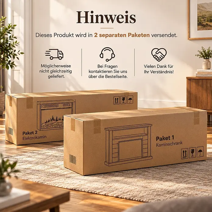 HOMAVO 18 Zoll Grauer Elektrokamin mit Kaminschrank 900W/1800W -  - Zwei Versandkartons für einen Elektrokamin und seinen Schrank, mit Hinweisen zur Lieferung in zwei separaten Paketen.