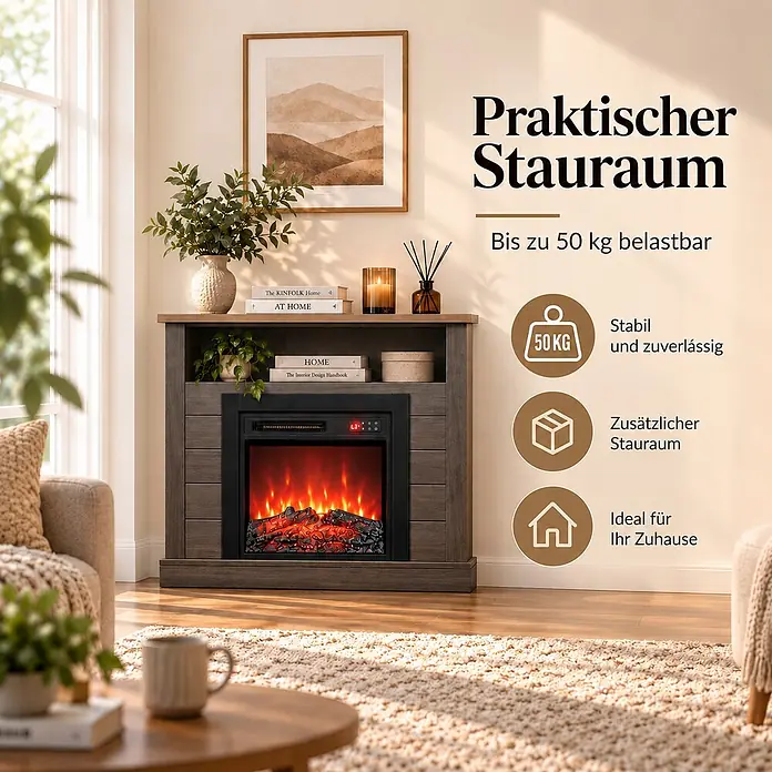 HOMAVO 18 Zoll Grauer Elektrokamin mit Kaminschrank 900W/1800W -  - Dunkelbrauner Elektrokamin-TV-Ständer mit realistischen Flammen und integrierten Ablagefächern in einem gemütlichen Wohnzimmer.