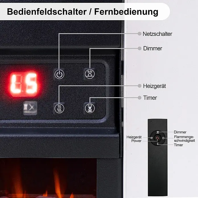 HOMAVO 14'' 1000W Elektrokamin mit Nachttisch -  - Schwarzes Bedienfeld eines Elektrokamins mit rotem Display und vier Tasten (Ein/Aus, Dimmer, Heizgerät, Timer) und zugehöriger schwarzer Fernbedienung.
