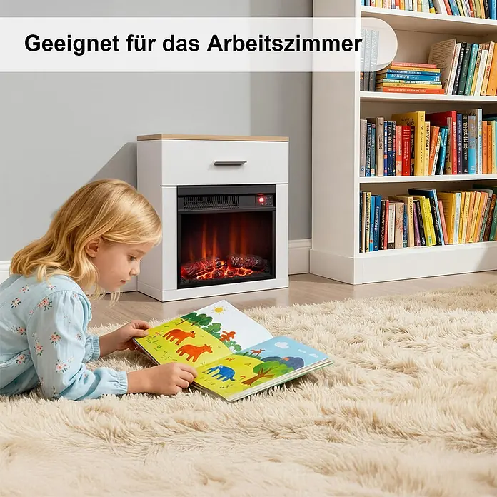 HOMAVO 14'' 1000W Elektrokamin mit Nachttisch -  - Weißer Kamin-Sideboard mit Holzplatte, integriertem Elektrokamin, vor dem ein Kind auf einem Teppich liest, neben einem Bücherregal.