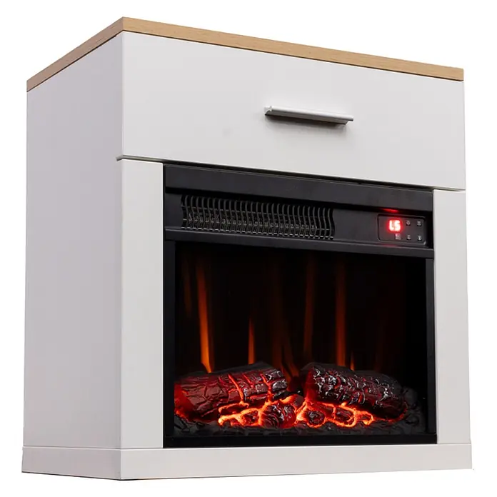 HOMAVO 14'' 1000W Elektrokamin mit Nachttisch -  - Weißer Elektrokamin mit Holzplatte, integrierter Schublade und realistischem Flammeneffekt mit glühenden Holzscheiten.