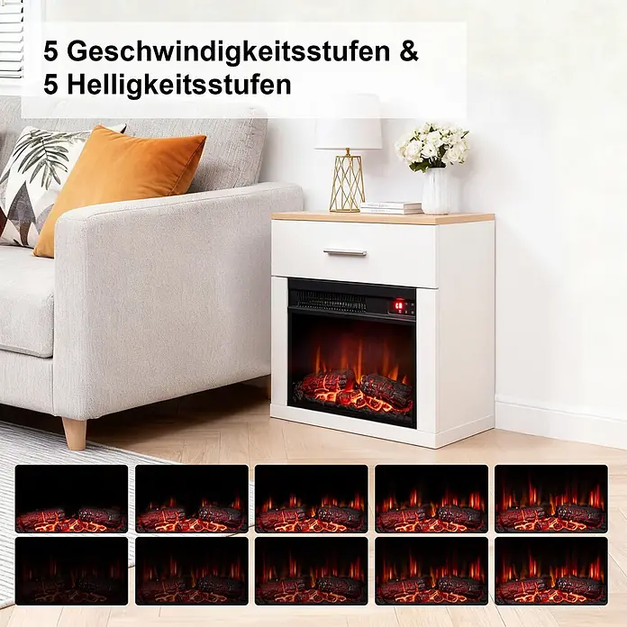 HOMAVO 14'' 1000W Elektrokamin mit Nachttisch -  - Weißer Beistelltisch mit Holztischplatte und integriertem elektrischen Kamin, 5 Flammen-Geschwindigkeits- und 5 Helligkeitsstufen.