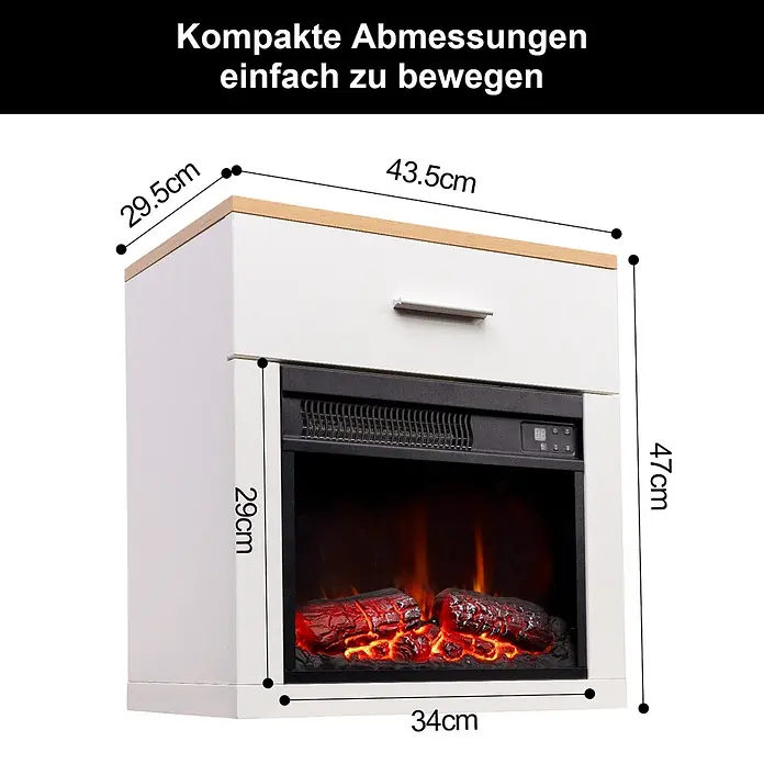HOMAVO 14'' 1000W Elektrokamin mit Nachttisch -  - Kompakter weißer Elektrokamin-Schrank mit heller Holzplatte und Schublade, Maße angezeigt.